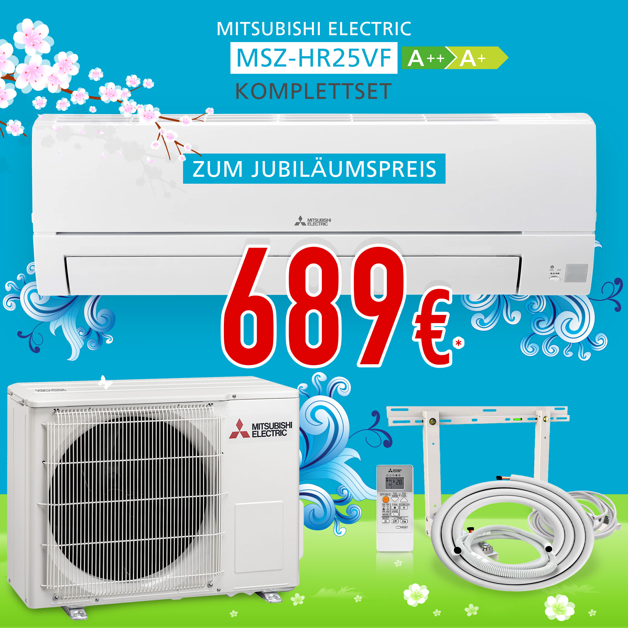 JUBILÄUMSANGEBOT KP20-1 - MITSUBISHI MSZ-HR25VF WANDKLIMAANLAGE KOMPLETTSET MIT ZUBEHÖR - 2,9 KW